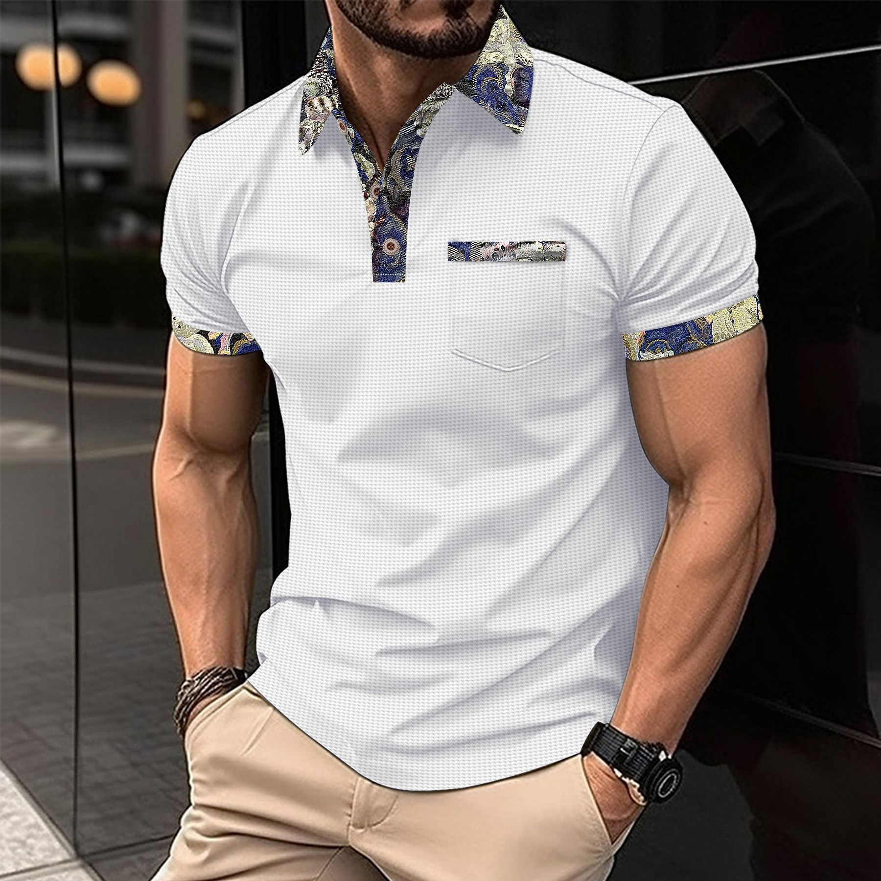 Summer New Waffle Color Block Tees with Pocket Short Sleeve Polos Business Casual T-shirt