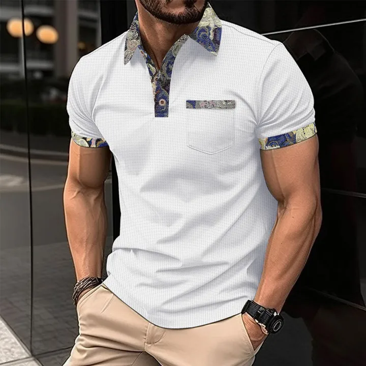 Summer New Waffle Color Block Tees with Pocket Short Sleeve Polos Business Casual T-shirt