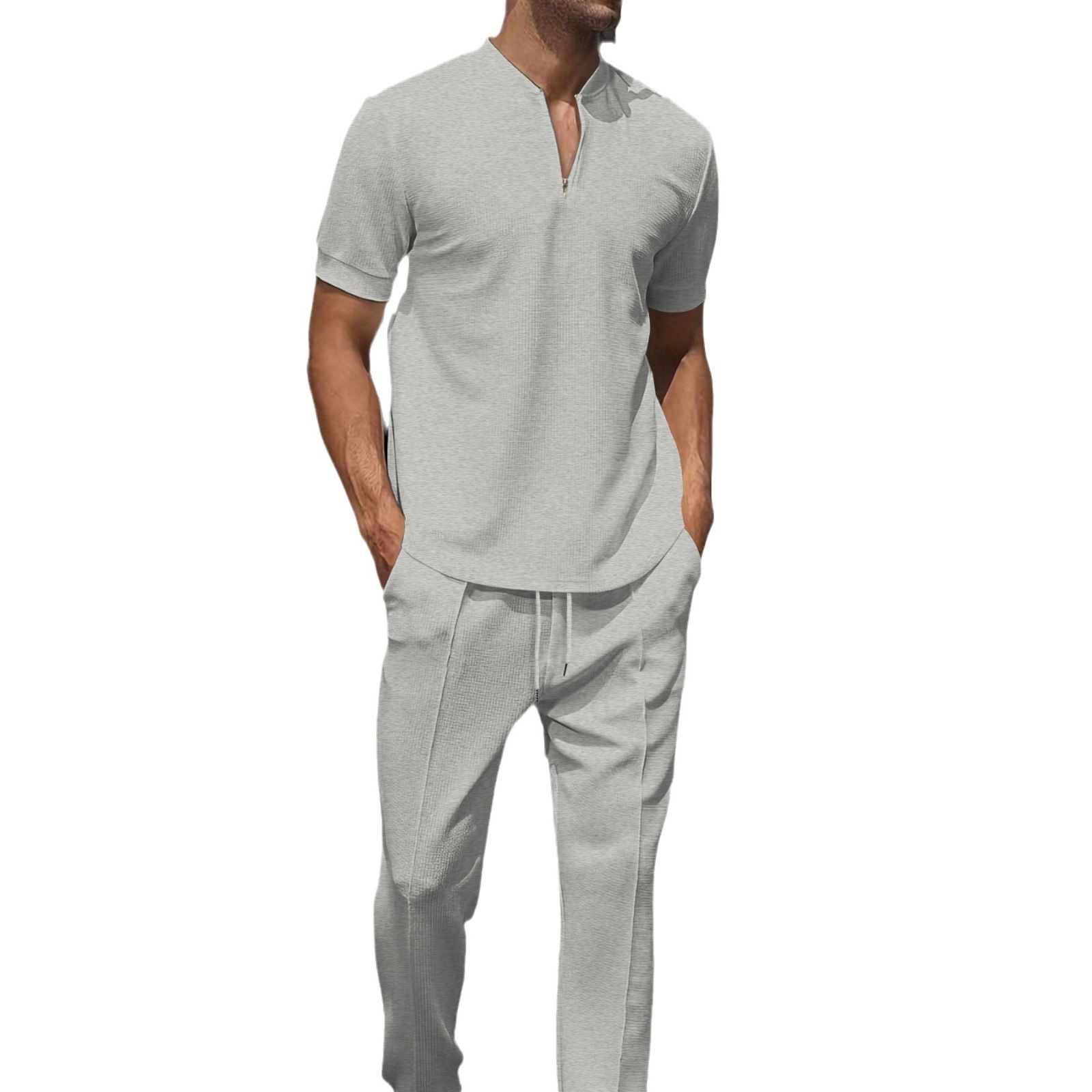 Summer Men 2 piece Suits Short Sleeve Tops + Long Pants Solid Color Polo Lapel Collar Button Elastic Waist Trousers Two-Piece Outfits