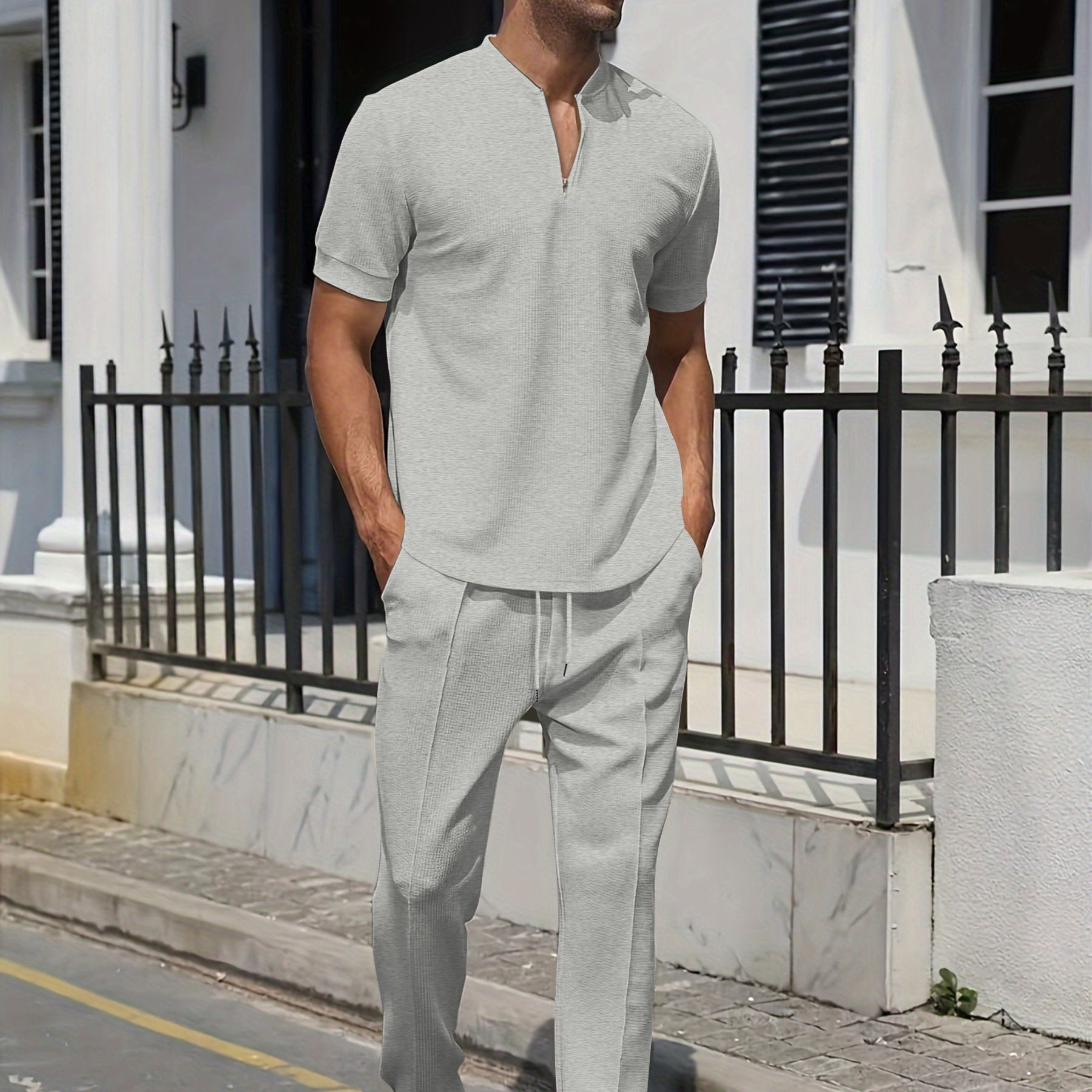 Summer Men 2 piece Suits Short Sleeve Tops + Long Pants Solid Color Polo Lapel Collar Button Elastic Waist Trousers Two-Piece Outfits