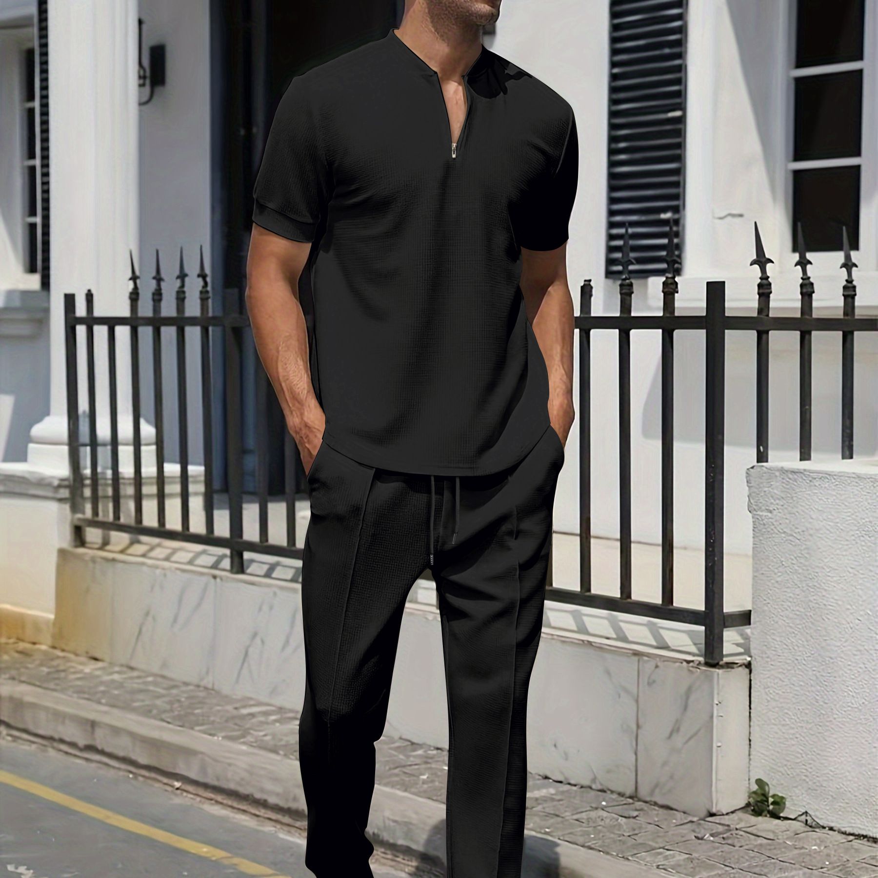 Summer Men 2 piece Suits Short Sleeve Tops + Long Pants Solid Color Polo Lapel Collar Button Elastic Waist Trousers Two-Piece Outfits