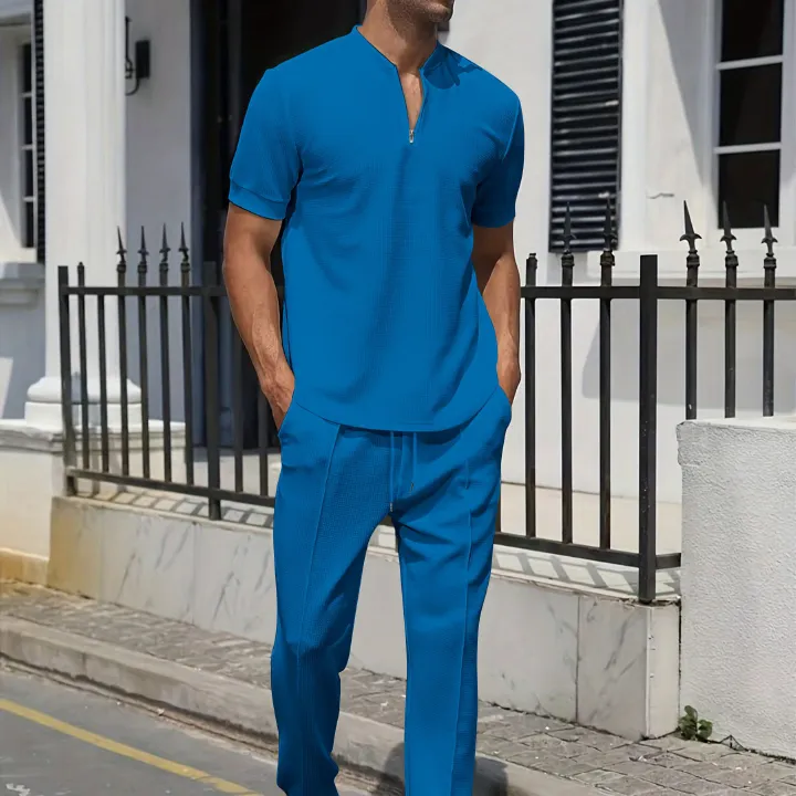Summer Men 2 piece Suits Short Sleeve Tops + Long Pants Solid Color Polo Lapel Collar Button Elastic Waist Trousers Two-Piece Outfits