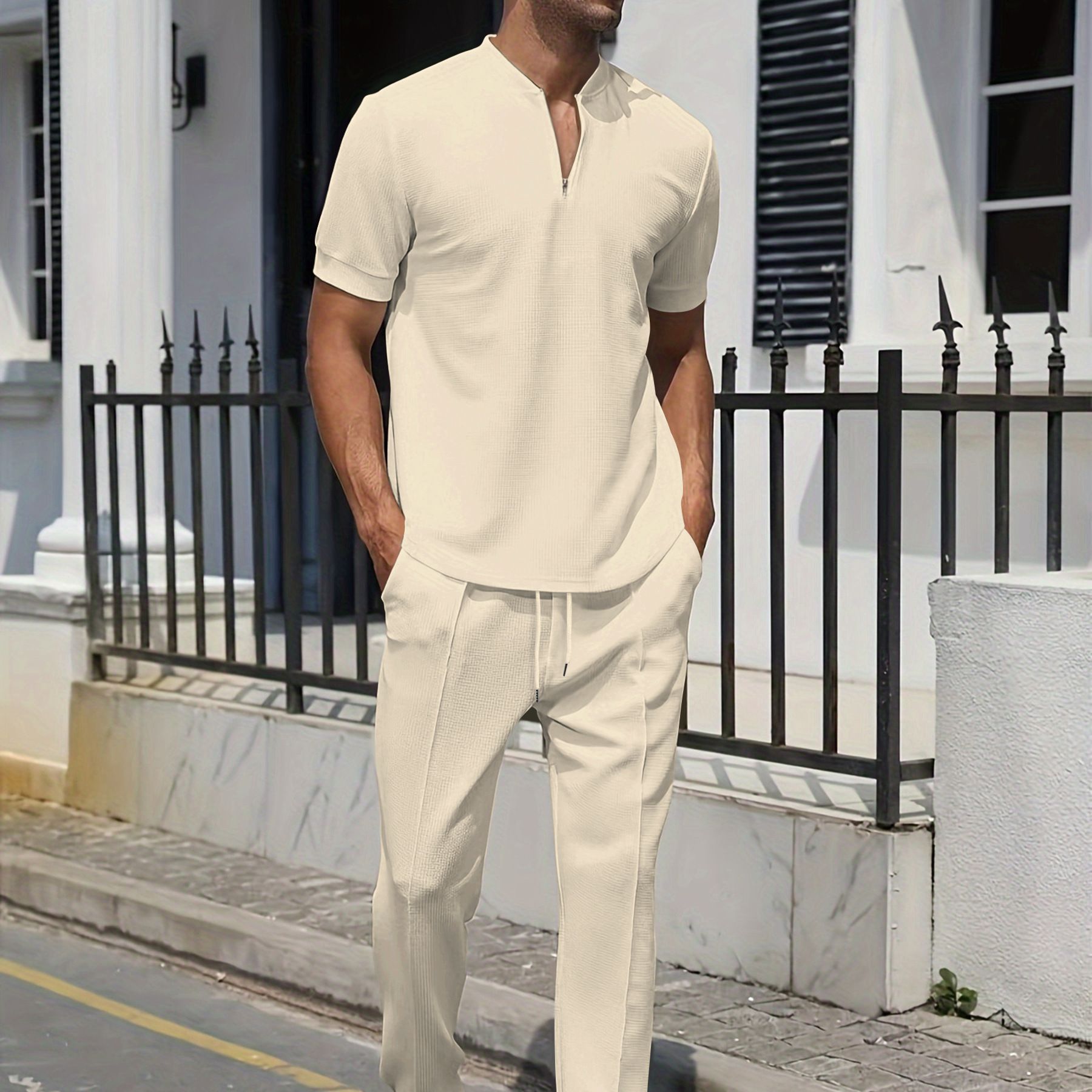 Summer Men 2 piece Suits Short Sleeve Tops + Long Pants Solid Color Polo Lapel Collar Button Elastic Waist Trousers Two-Piece Outfits