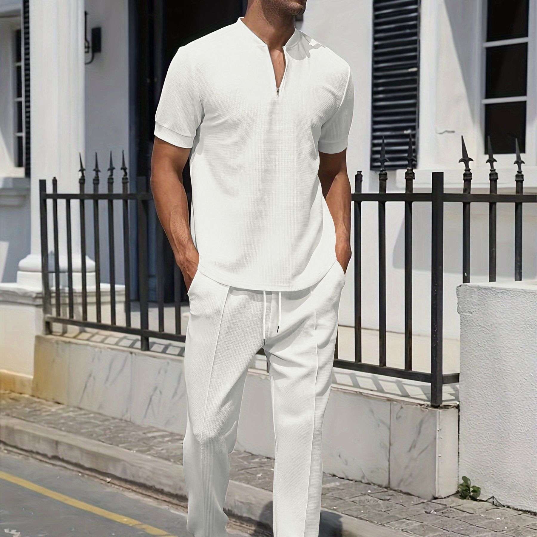 Summer Men 2 piece Suits Short Sleeve Tops + Long Pants Solid Color Polo Lapel Collar Button Elastic Waist Trousers Two-Piece Outfits