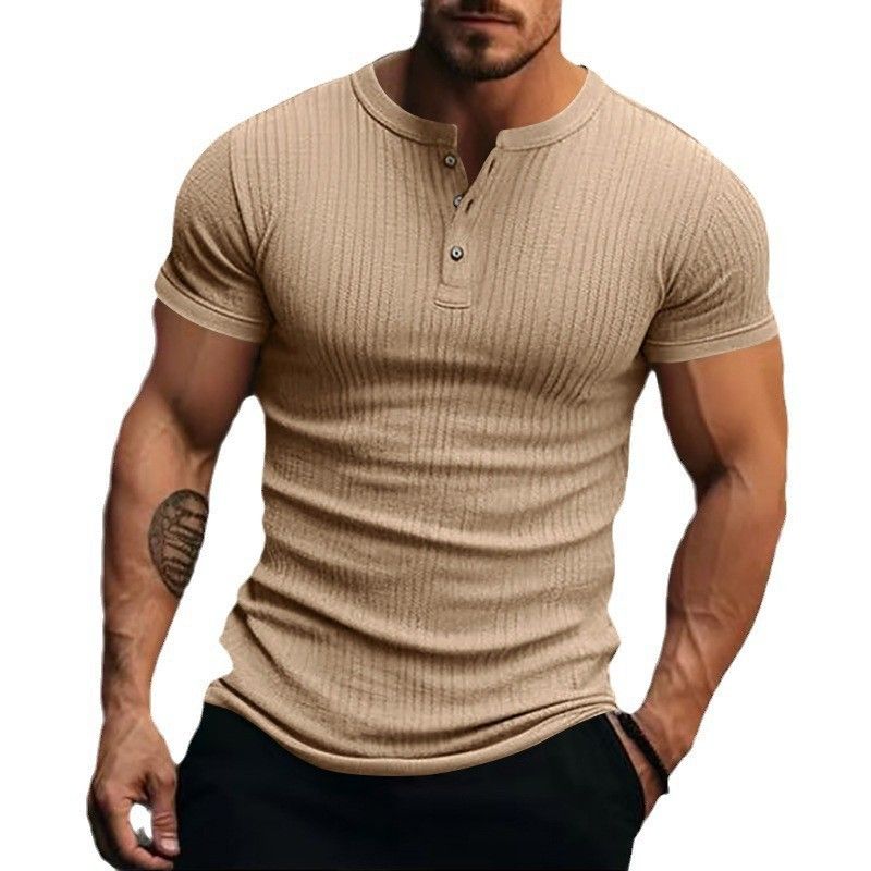 European and American sports and leisure men's short sleeved T-shirt, foreign trade pit bar, men's button, Henry collar sports short sleeved T-shirt
