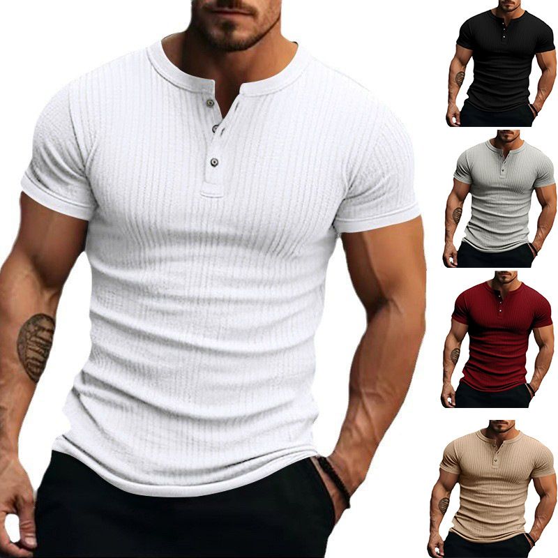 European and American sports and leisure men's short sleeved T-shirt, foreign trade pit bar, men's button, Henry collar sports short sleeved T-shirt