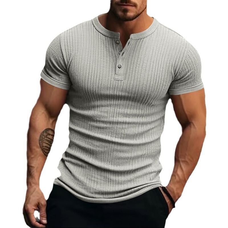 European and American sports and leisure men's short sleeved T-shirt, foreign trade pit bar, men's button, Henry collar sports short sleeved T-shirt