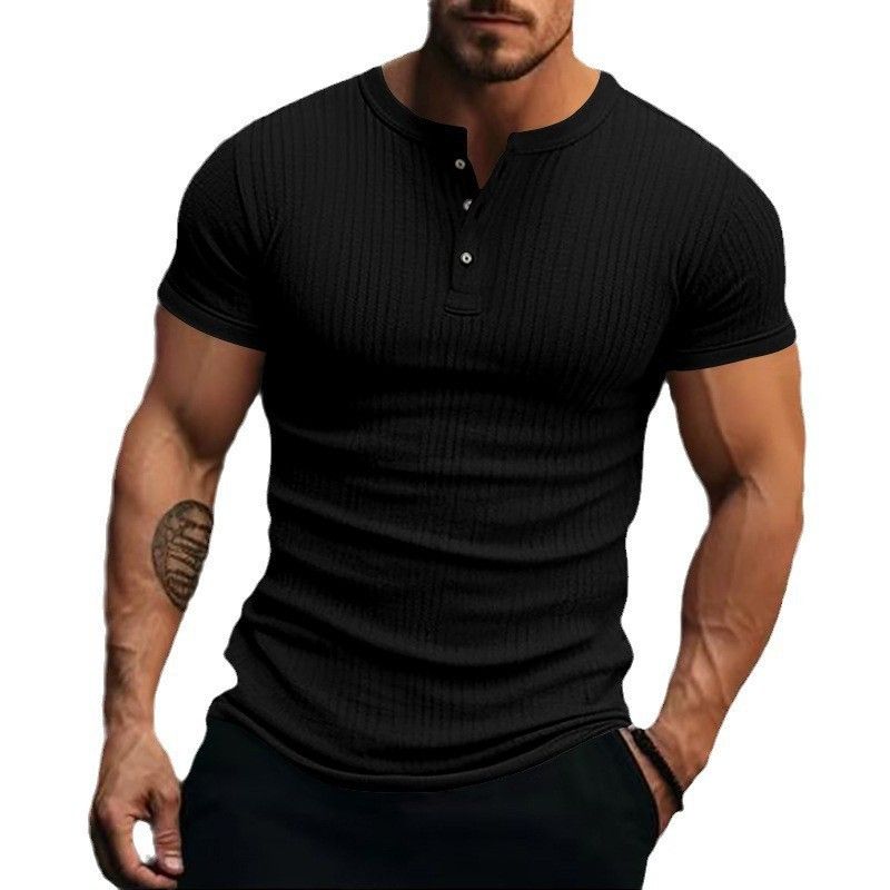 European and American sports and leisure men's short sleeved T-shirt, foreign trade pit bar, men's button, Henry collar sports short sleeved T-shirt