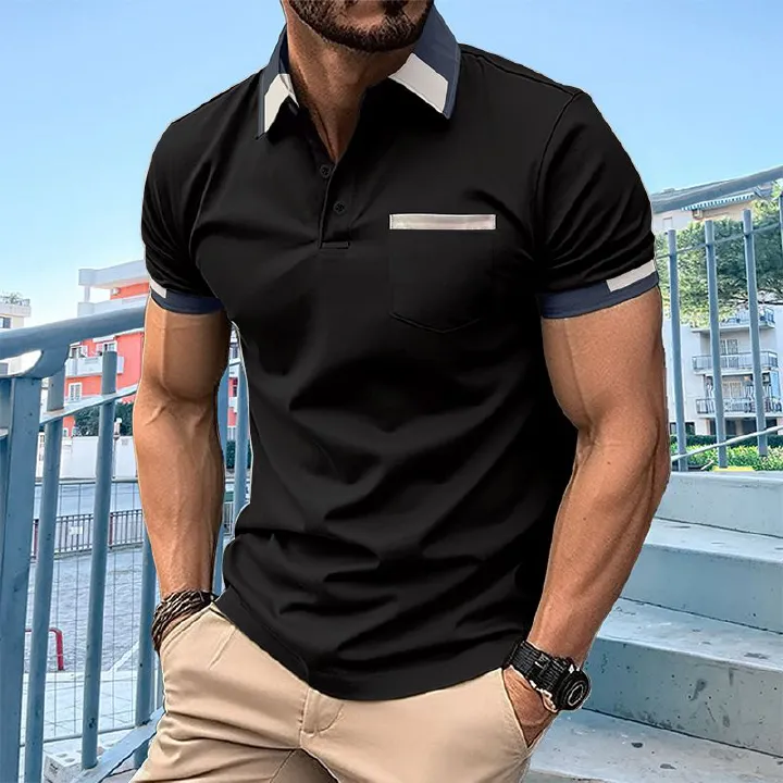 Wole sale trendy Muscle Fit Plain v Pocket tshirt Short Sleeve Button Up Collar t Shirts