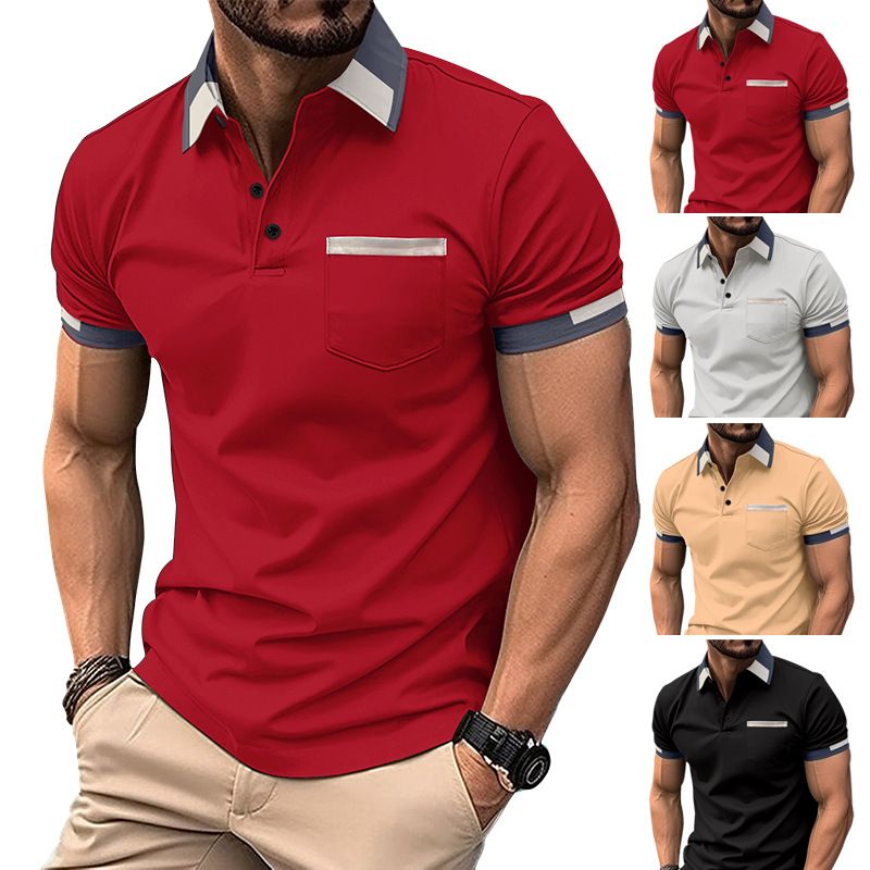Wole sale trendy Muscle Fit Plain v Pocket tshirt Short Sleeve Button Up Collar t Shirts