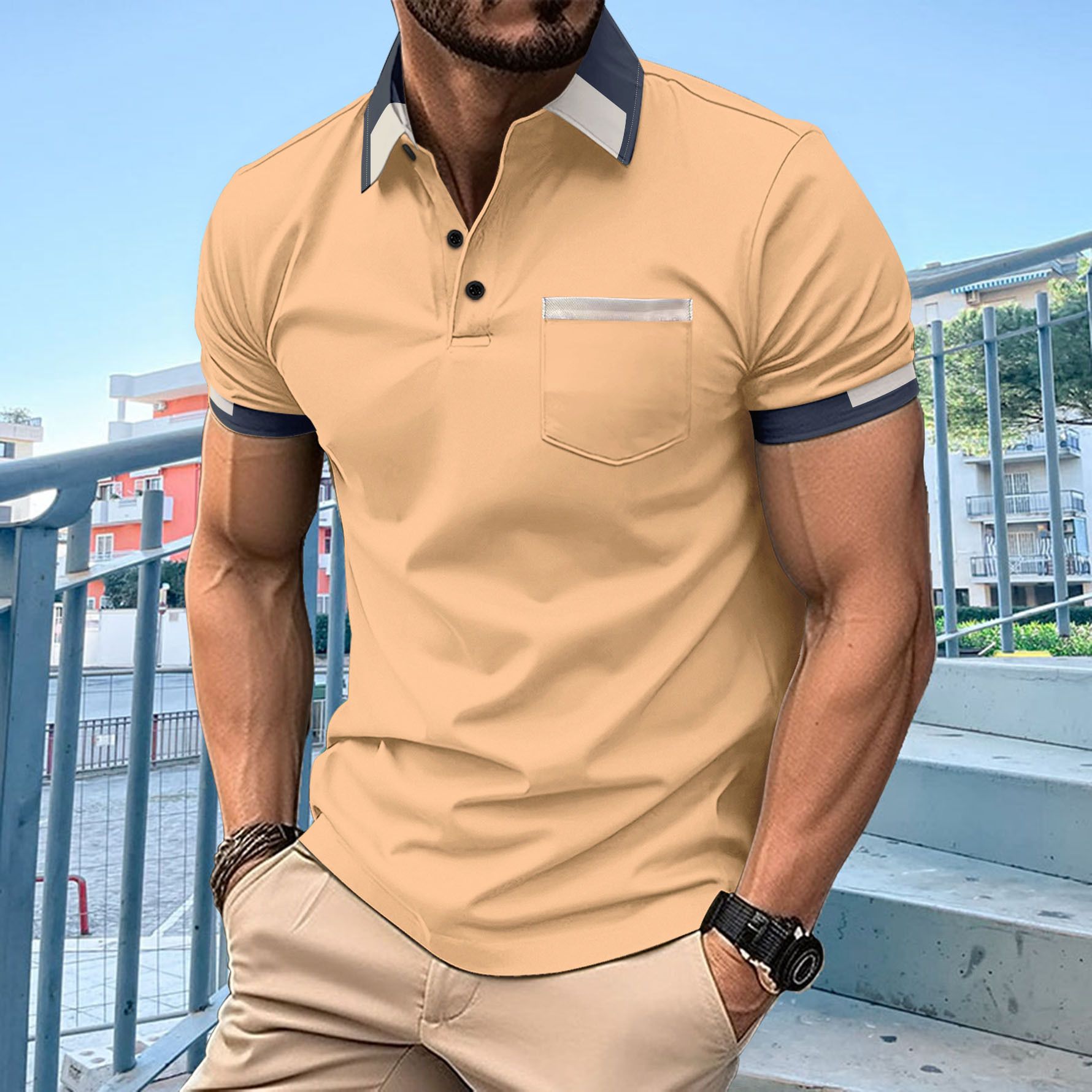 Wole sale trendy Muscle Fit Plain v Pocket tshirt Short Sleeve Button Up Collar t Shirts