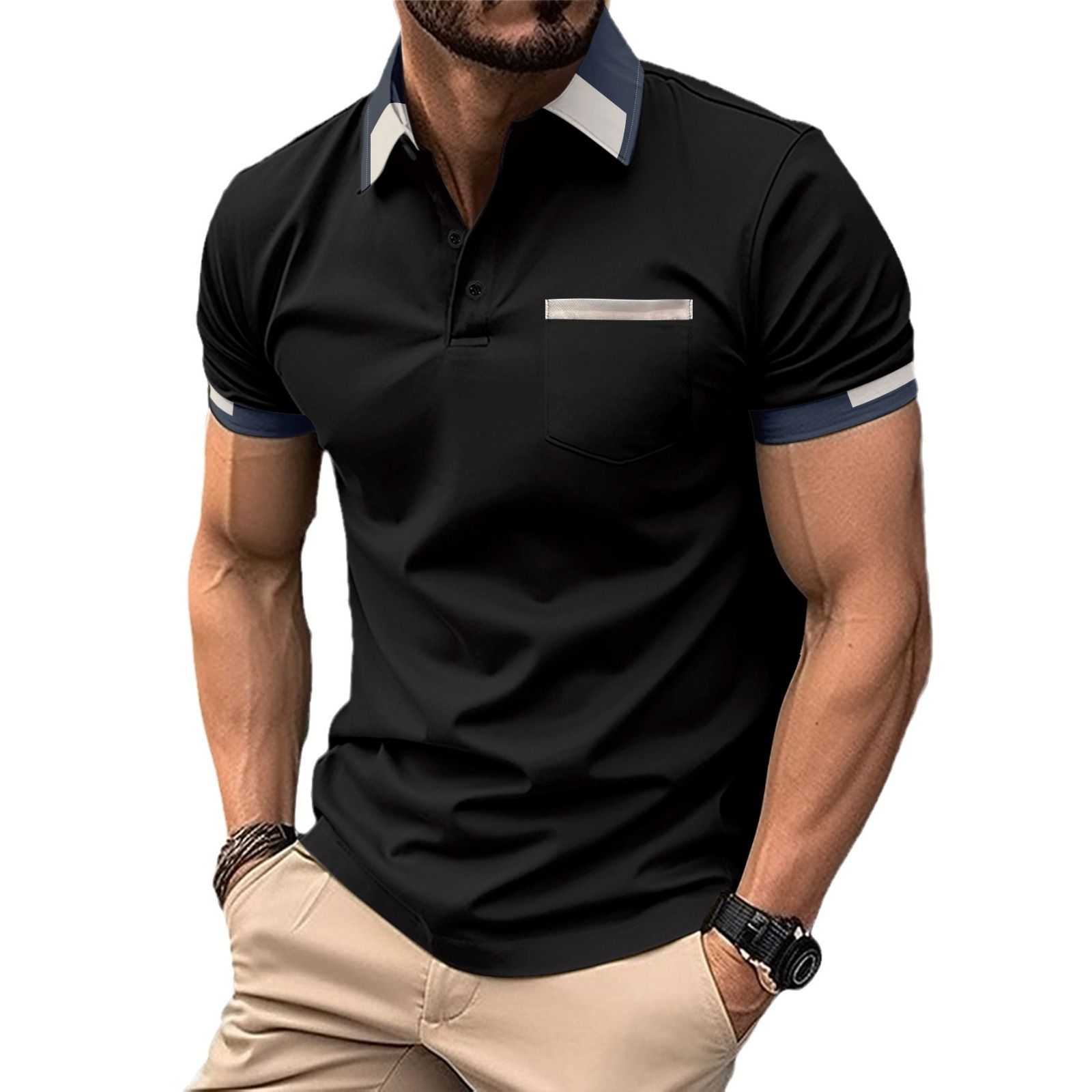 Wole sale trendy Muscle Fit Plain v Pocket tshirt Short Sleeve Button Up Collar t Shirts