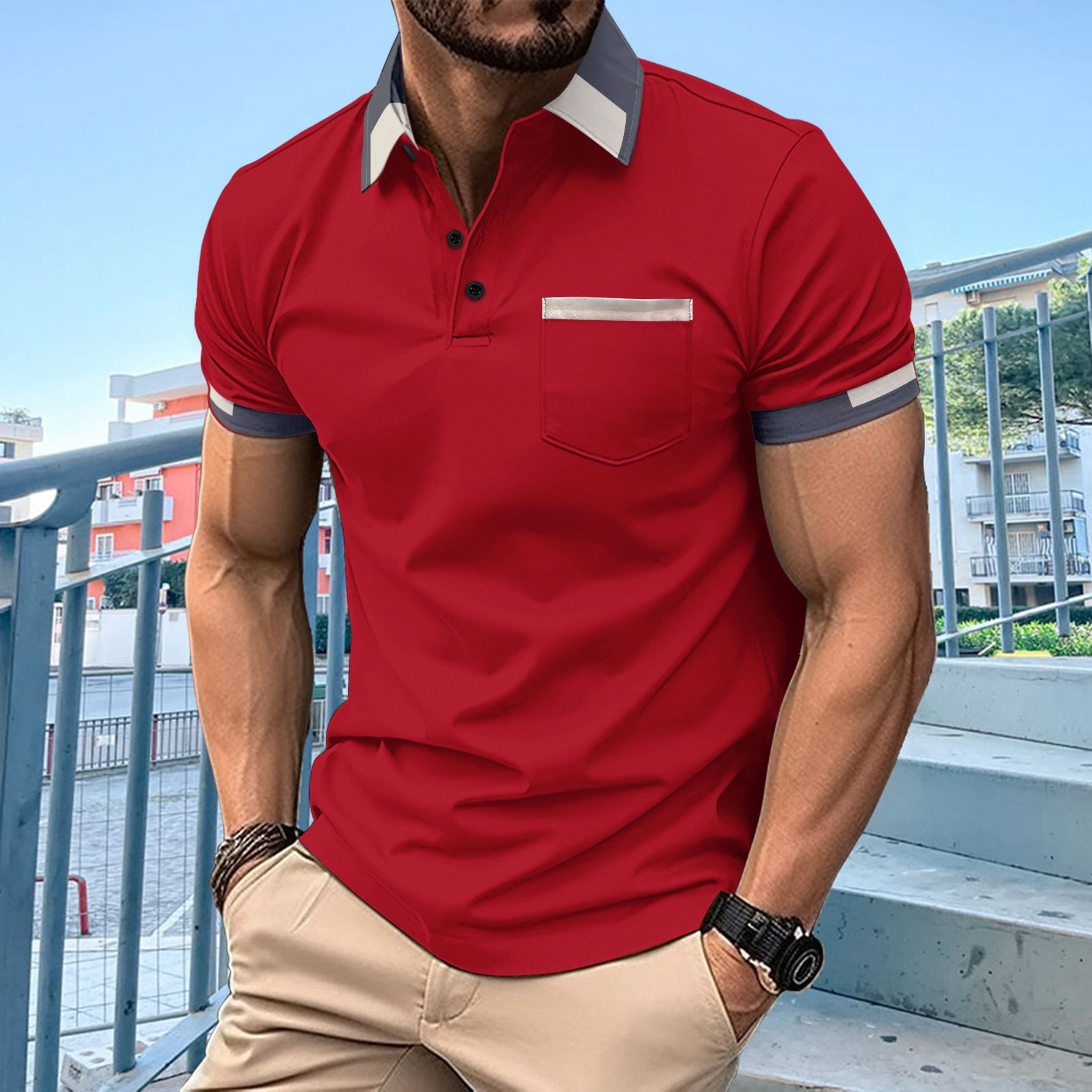 Wole sale trendy Muscle Fit Plain v Pocket tshirt Short Sleeve Button Up Collar t Shirts For Men With Colored Collar T-Shirts