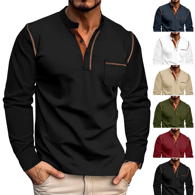 Fall Winter Men's Long Sleeve Men's T-Shirt Foreign Trade Men's Henley T-Shirt Custom Wholesale T-Shirts