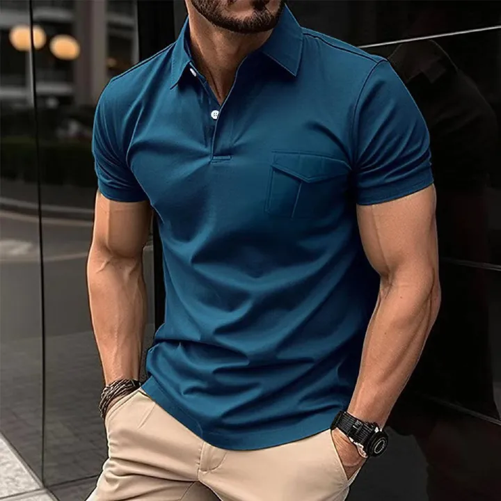New summer knit slim shirt collar pocket short sleeve sweater sports muscle men's wear T-Shirts
