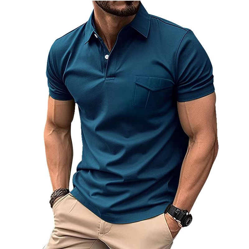New summer knit slim shirt collar pocket short sleeve sweater sports muscle men's wear T-Shirts
