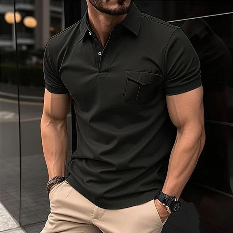 New summer knit slim shirt collar pocket short sleeve sweater sports muscle men's wear T-Shirts
