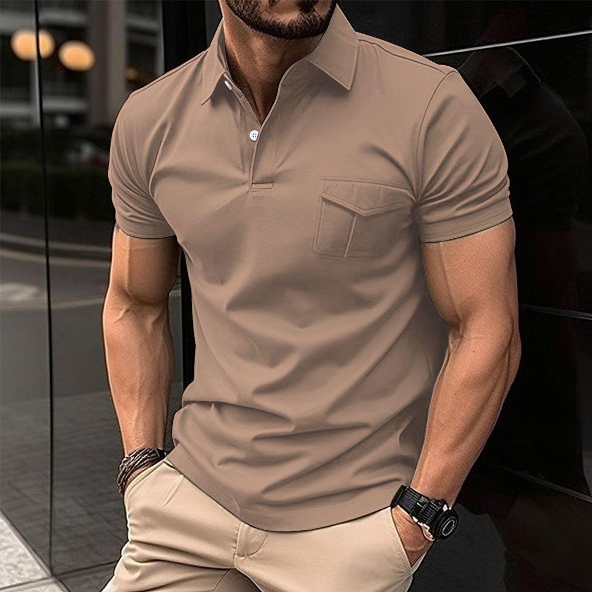 New summer knit slim shirt collar pocket short sleeve sweater sports muscle men's wear T-Shirts