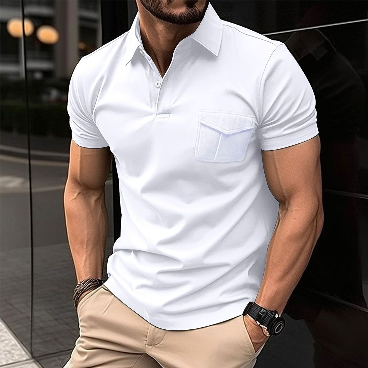 New summer knit slim shirt collar pocket short sleeve sweater sports muscle men's wear T-Shirts