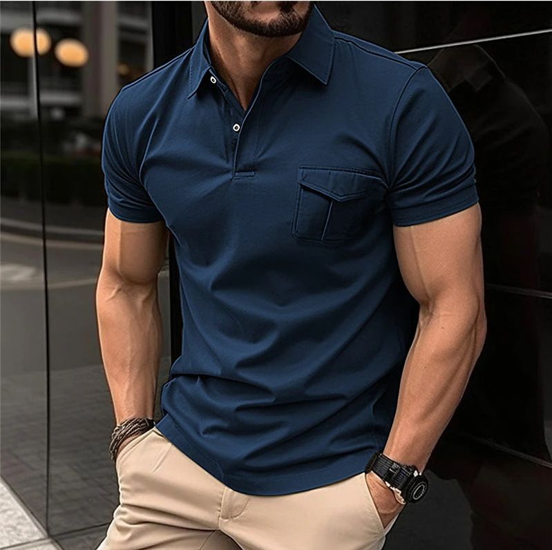 New summer knit slim shirt collar pocket short sleeve sweater sports muscle men's wear T-Shirts
