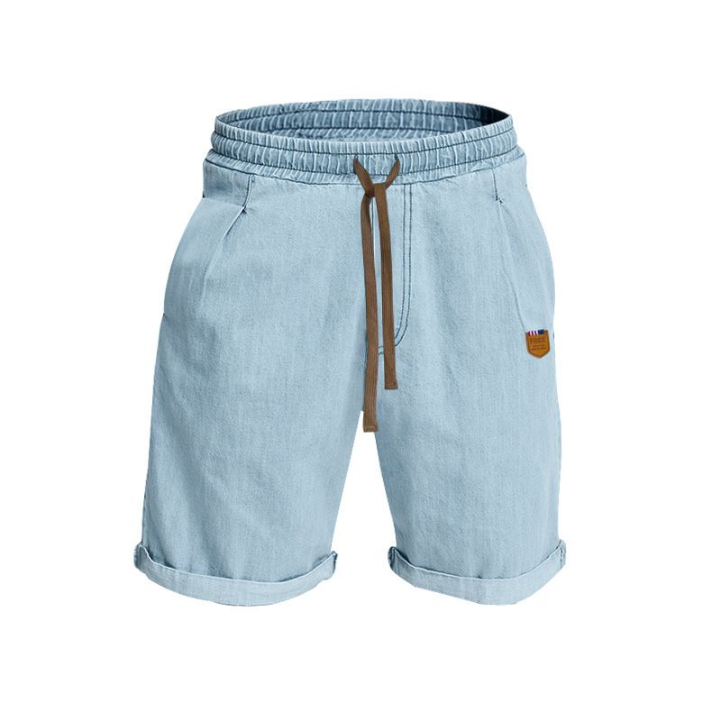 Men's Summer Thin Casual Capris Solid Color Shorts Loose High Waisted Drawstring Breathable Jeans