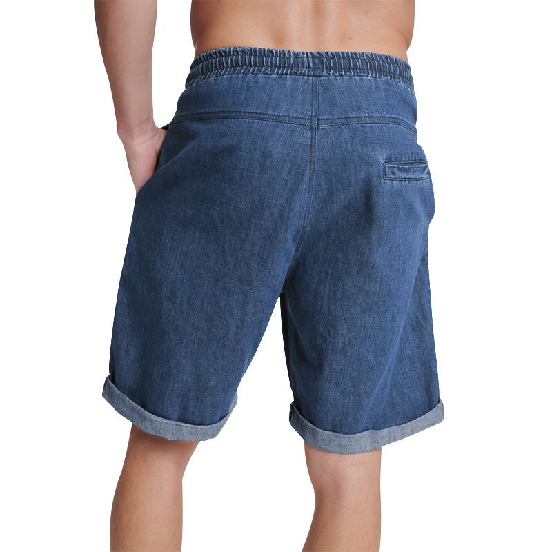Men's Summer Thin Casual Capris Solid Color Shorts Loose High Waisted Drawstring Breathable Jeans
