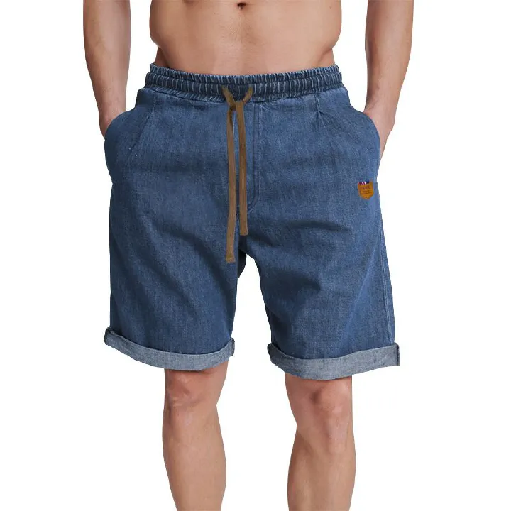 Men's Summer Thin Casual Capris Solid Color Shorts Loose High Waisted Drawstring Breathable Jeans
