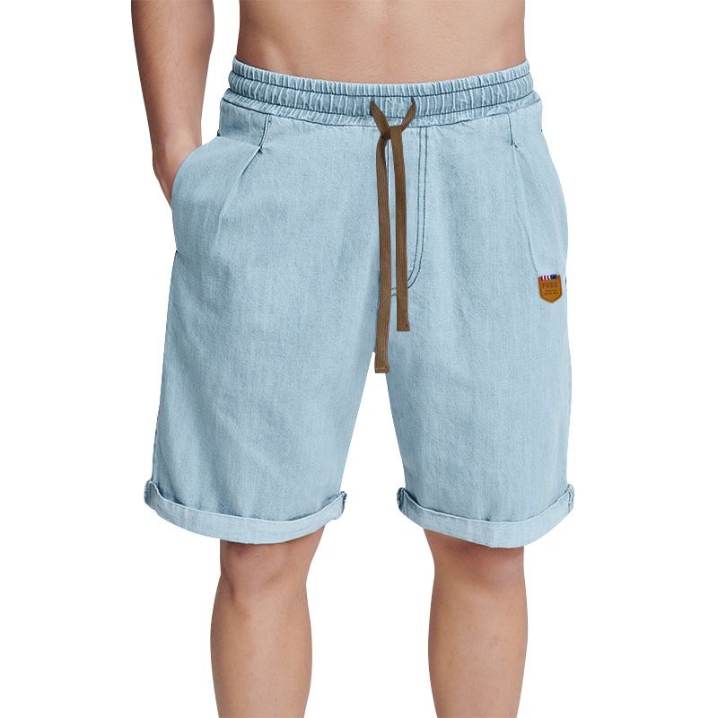 Men's Summer Thin Casual Capris Solid Color Shorts Loose High Waisted Drawstring Breathable Jeans