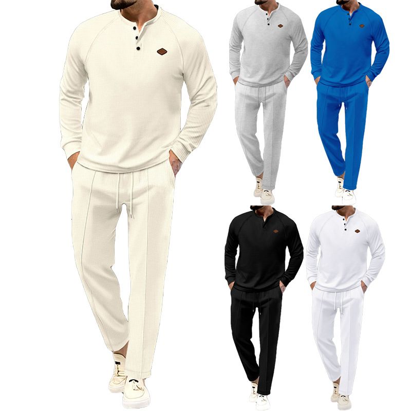 New European and American foreign trade men&#39;s solid color suit waffle henley shirt long sleeve trousers suit Two-Piece Outfits