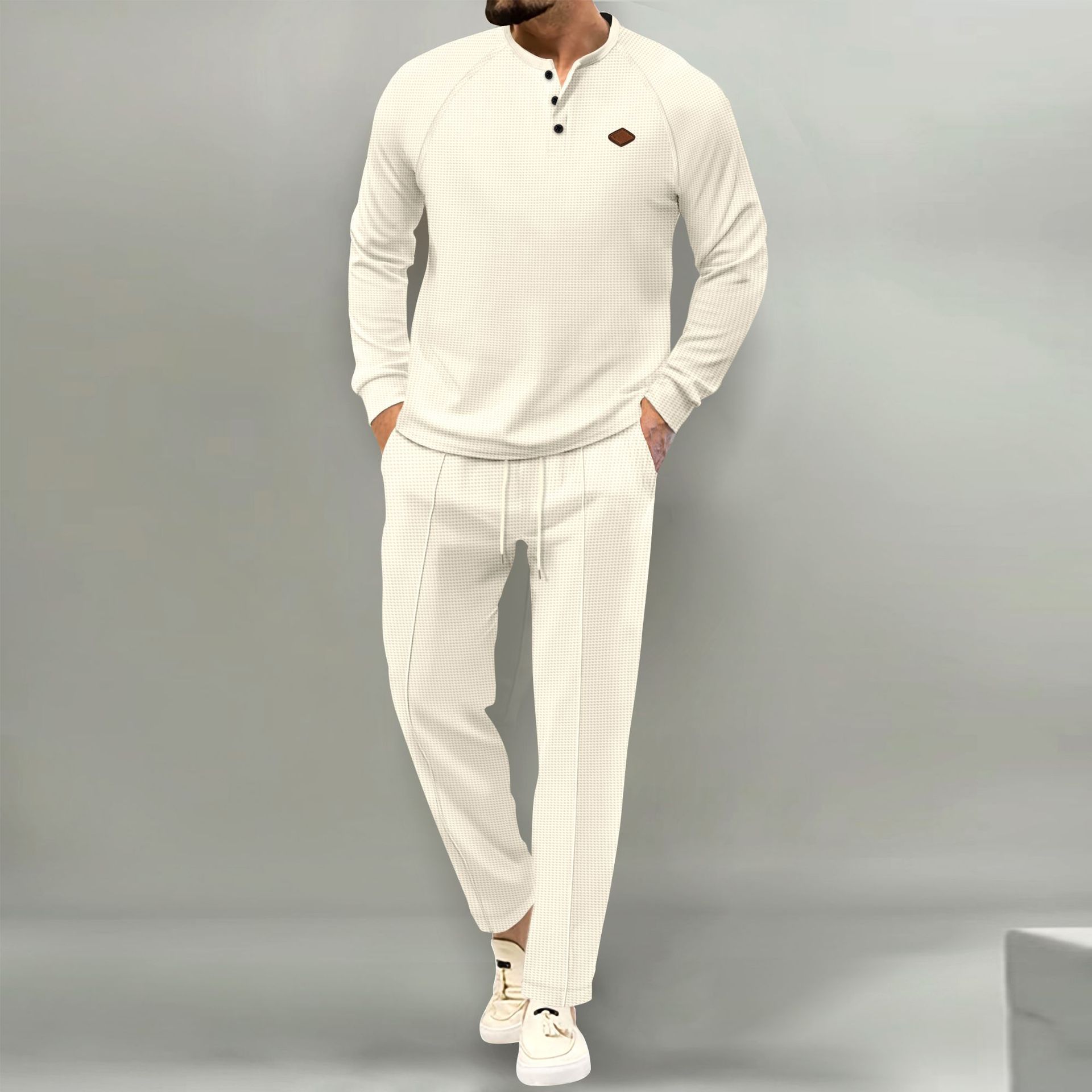 New European and American foreign trade men&#39;s solid color suit waffle henley shirt long sleeve trousers suit Two-Piece Outfits