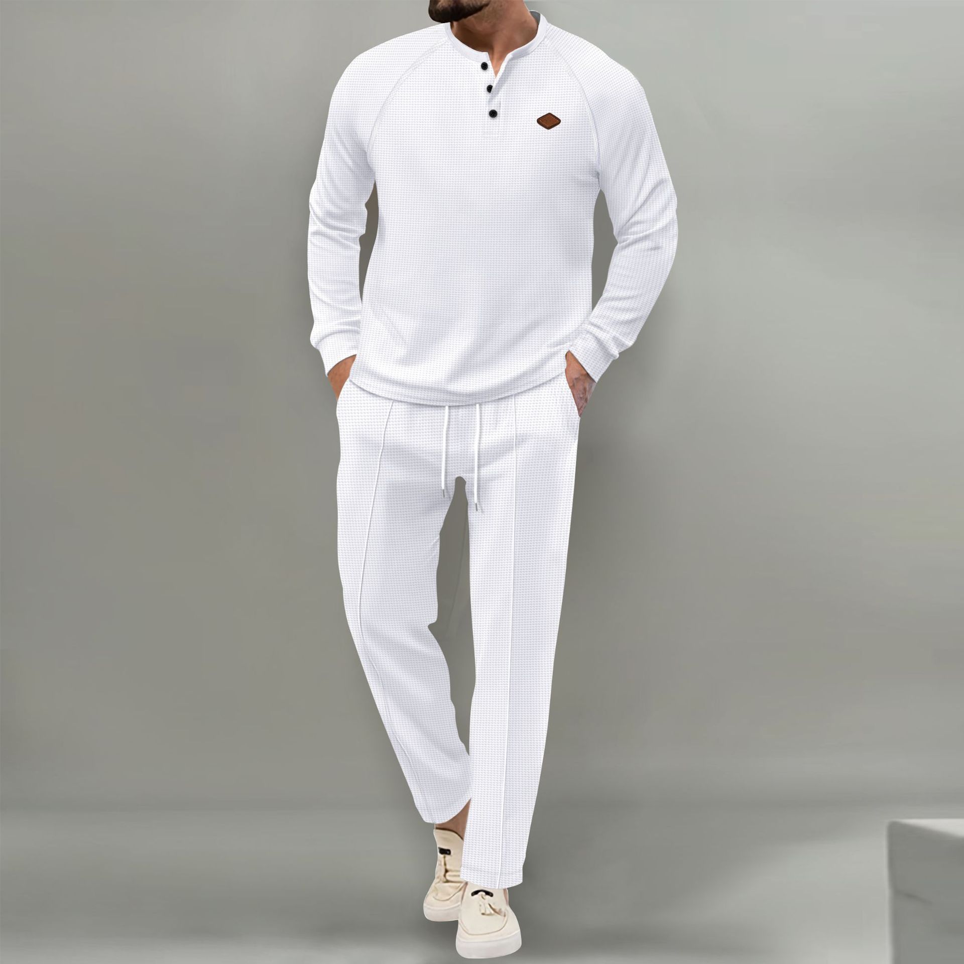 New European and American foreign trade men&#39;s solid color suit waffle henley shirt long sleeve trousers suit Two-Piece Outfits