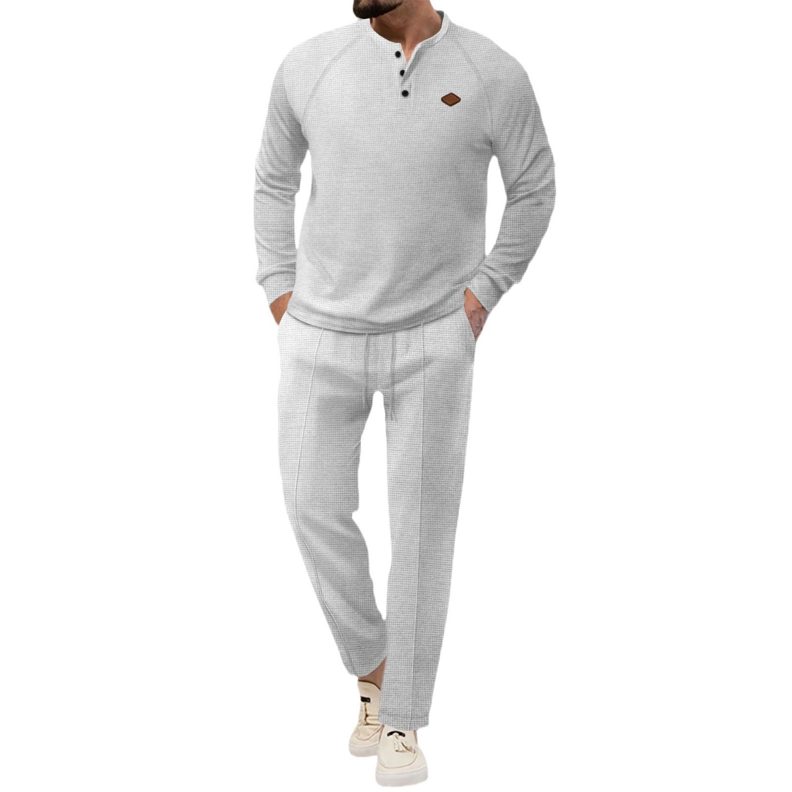 New European and American foreign trade men&#39;s solid color suit waffle henley shirt long sleeve trousers suit Two-Piece Outfits