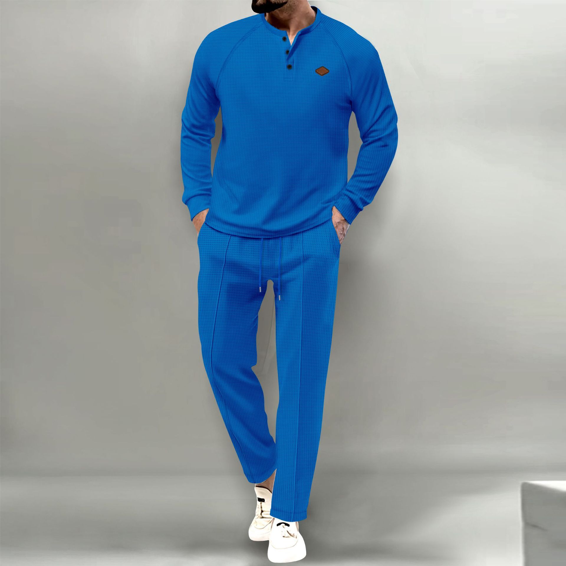 New European and American foreign trade men&#39;s solid color suit waffle henley shirt long sleeve trousers suit Two-Piece Outfits