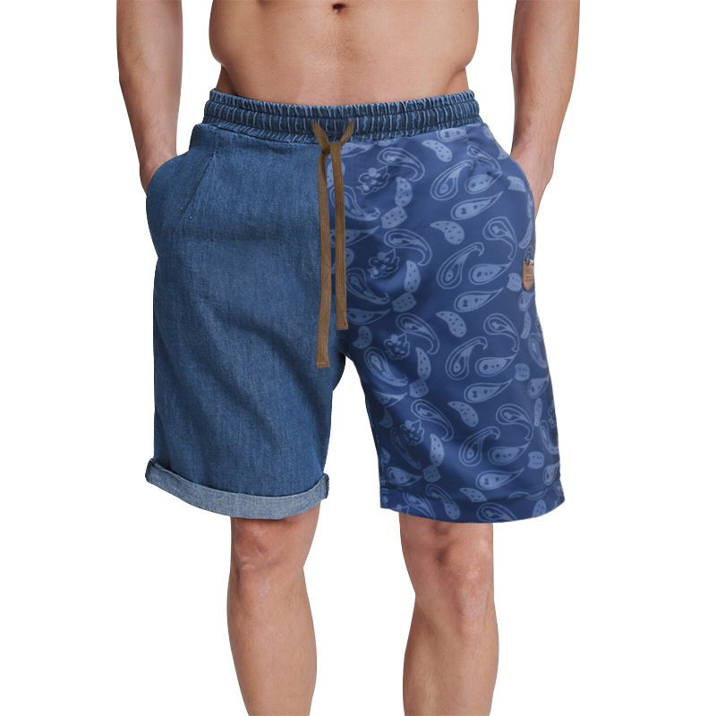 Summer New men's beach pants lace-up printed shorts Summer thin patchwork denim shorts Casual
