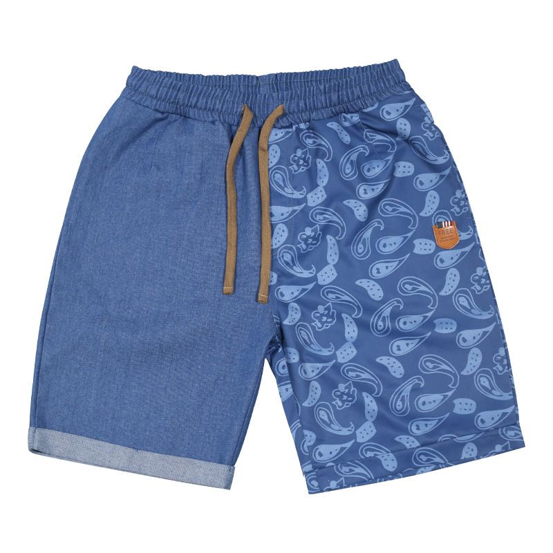 Summer New men's beach pants lace-up printed shorts Summer thin patchwork denim shorts Casual