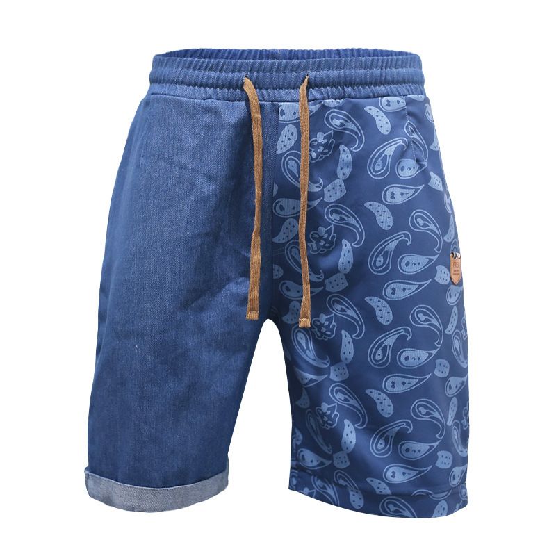 Summer New men's beach pants lace-up printed shorts Summer thin patchwork denim shorts Casual
