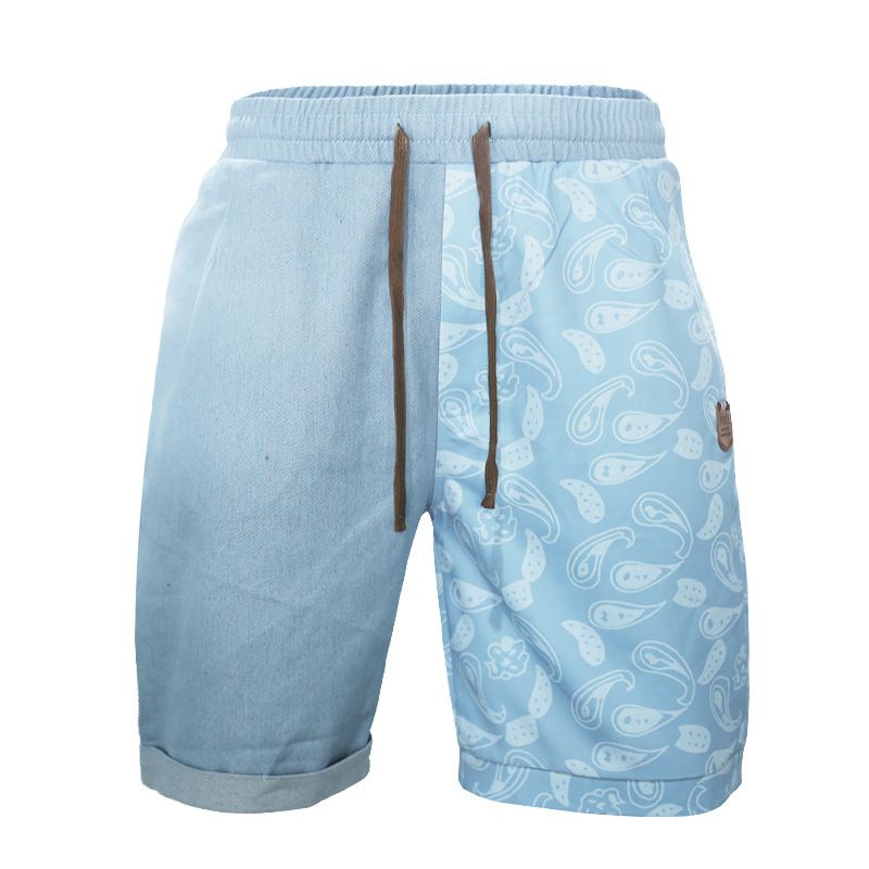 Summer New men's beach pants lace-up printed shorts Summer thin patchwork denim shorts Casual