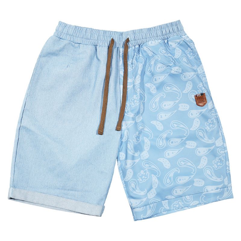 Summer New men's beach pants lace-up printed shorts Summer thin patchwork denim shorts Casual