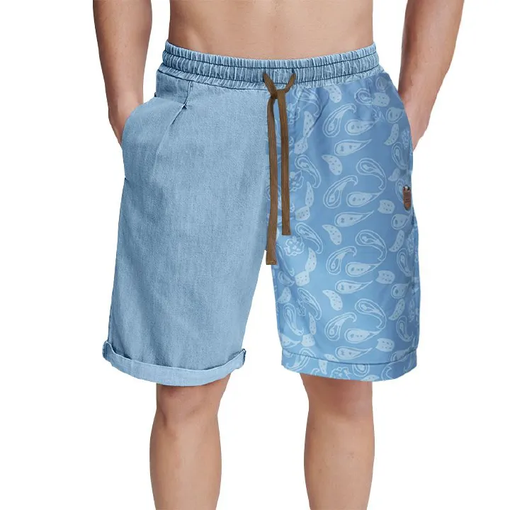 Summer New men's beach pants lace-up printed shorts Summer thin patchwork denim shorts Casual