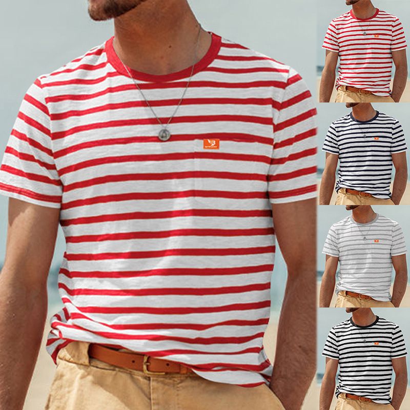 Summer New Hot Selling Men's Short Sleeved Fashion Casual Stripe Top Round Neck T-shirt