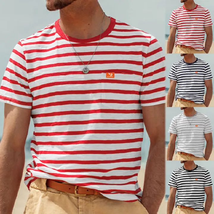 Summer New Hot Selling Men's Short Sleeved Fashion Casual Stripe Top Round Neck T-shirt