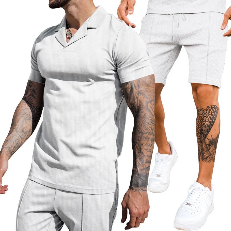 Men's Waffle V-neck Lapel Short sleeved Shorts Sports and Casual Set Two-Piece Outfits