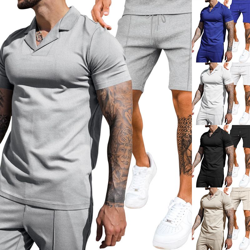 Men's Waffle V-neck Lapel Short sleeved Shorts Sports and Casual Set Two-Piece Outfits