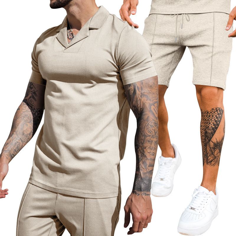 Men's Waffle V-neck Lapel Short sleeved Shorts Sports and Casual Set Two-Piece Outfits