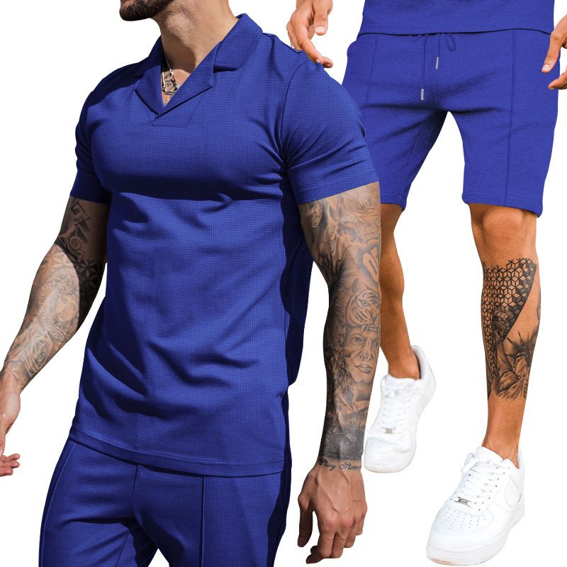 Men's Waffle V-neck Lapel Short sleeved Shorts Sports and Casual Set Two-Piece Outfits