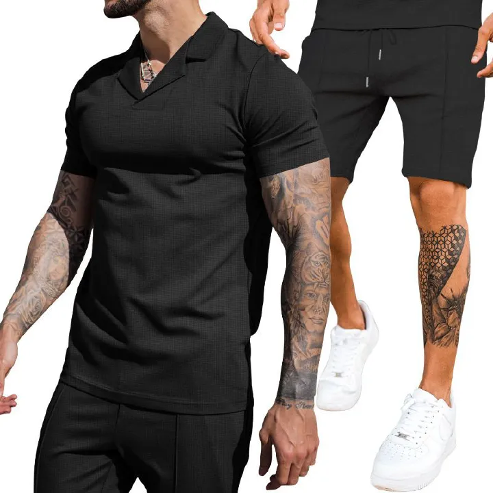 Men's Waffle V-neck Lapel Short sleeved Shorts Sports and Casual Set Two-Piece Outfits