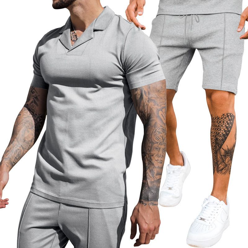 Men's Waffle V-neck Lapel Short sleeved Shorts Sports and Casual Set Two-Piece Outfits