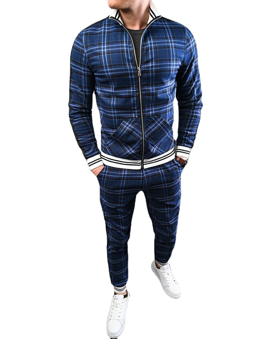 Plaid plus size hoodies zip up wind breaker sport tracksuit custom logo without pants jacket lightweight zip track suit for men Two-Piece Outfits