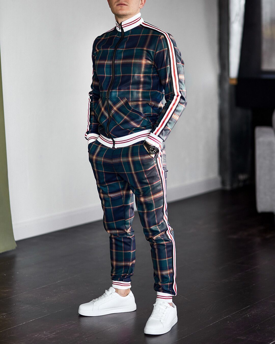 Plaid plus size hoodies zip up wind breaker sport tracksuit custom logo without pants jacket lightweight zip track suit for men Two-Piece Outfits