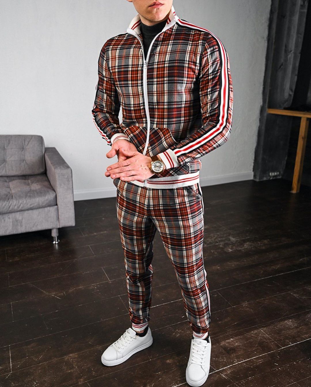 Plaid plus size hoodies zip up wind breaker sport tracksuit custom logo without pants jacket lightweight zip track suit for men Two-Piece Outfits